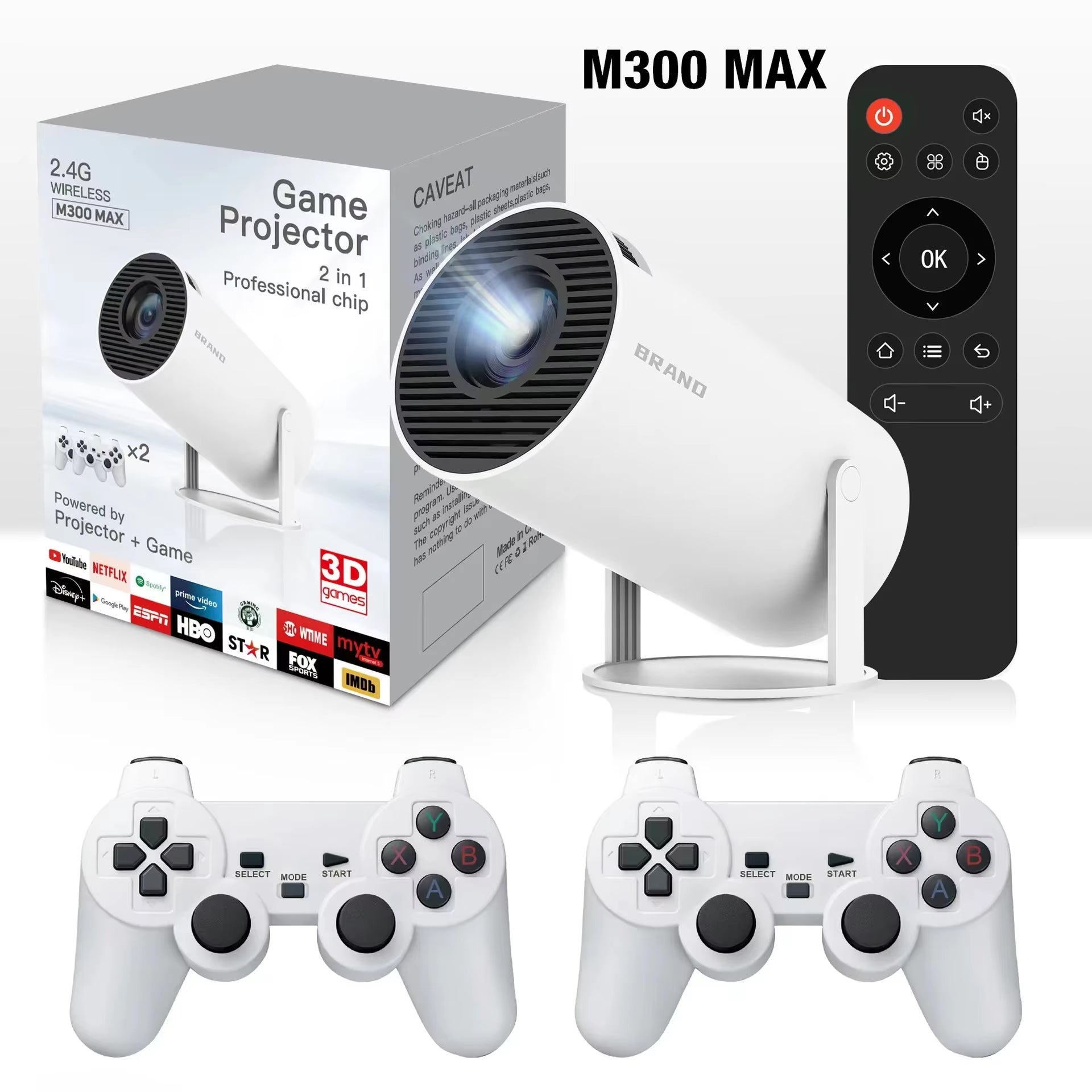 M300 MAX Retro Video Game Consoles Android11 System Mini Portable Intelligent Projector 720P Home Projector 64GB 46000+ Games